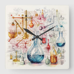 Chemie-Papierschreibtischuhr an der Wand Quadratische Wanduhr