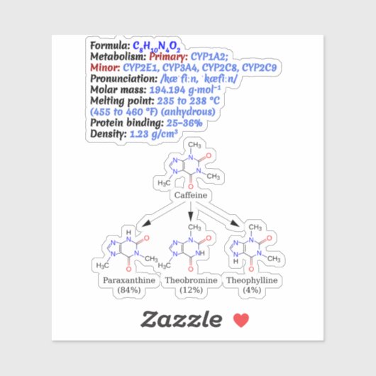 Chemische Koffeine-Formel C8H10N4O2 - Wissenschaft Aufkleber (Blatt)