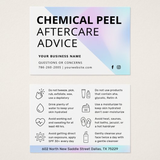 Chemische Peel Aftercare Instruction Card (Vorne & Hinten)