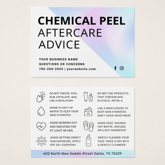 Chemische Peel Aftercare Instruction Card (Vorne & Hinten)