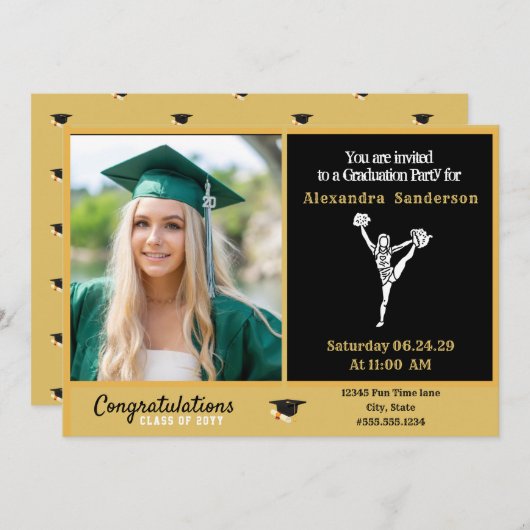 Chereleader Abschluss Black and Gold Einladung (Vorne/Hinten)