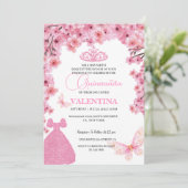 Cheres Blüten Blütenrosa Butterfly Quinceañera Einladung (Stehend Vorderseite)