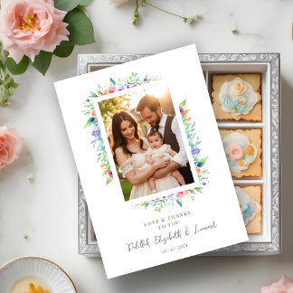 Cherish Cute Floral Frame Christening Photo Dankeskarte