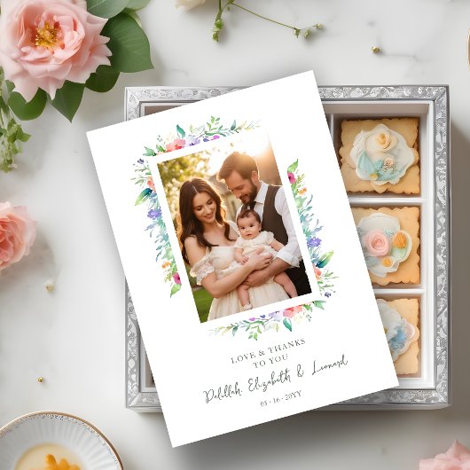 Cherish Cute Floral Frame Christening Photo Dankeskarte
