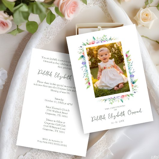 Cherish Cute Floral Frame Christening Photo Einladung