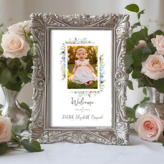 Cherish Cute Floral Frame Christening Photo Poster