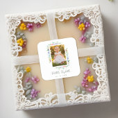 Cherish Cute Floral Frame Christening Photo  Quadratischer Aufkleber