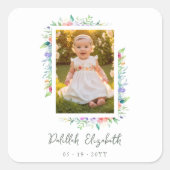 Cherish Cute Floral Frame Christening Photo  Quadratischer Aufkleber (Vorderseite)