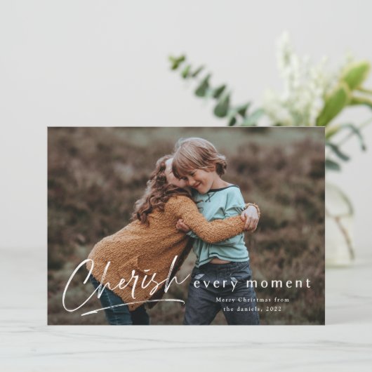 Cherish Jeden Augenblick Script Foto Frohe Weihnac Karte (Stehend Vorderseite)