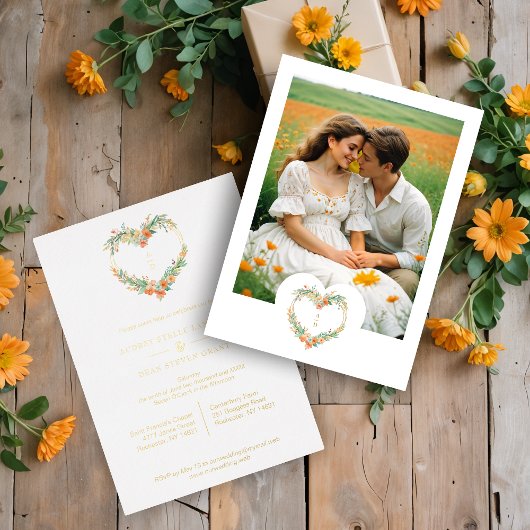 Cherish Romantic Orange & Green Floral Heart Shape Folieneinladung