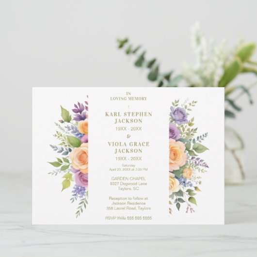 Cherish Spring Floral Garland Double Funeral Photo Einladung (Stehend Vorderseite)