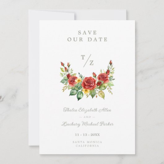 Cherish Spring Floral Red Garland Wedding Initials Save The Date (Vorderseite)
