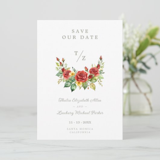 Cherish Spring Floral Red Garland Wedding Initials Save The Date (Stehend Vorderseite)