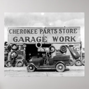 Cherokee-Ersatzteilgeschäft, 1936. Vintage-Foto Poster