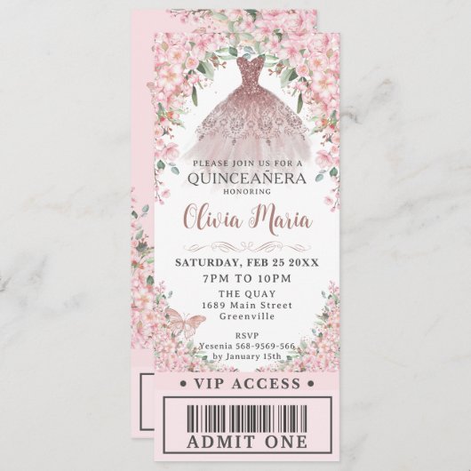 Cheroms Blush Dress Quinceañera VIP Ticket Einladung (Vorne/Hinten)