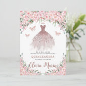 Cheroms Blütenblütenblüte Rose Goldkleid Quinceañe Einladung (Stehend Vorderseite)