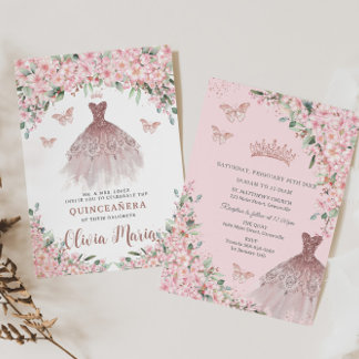 Cheroms Blütenblütenblüte Rose Goldkleid Quinceañe Einladung