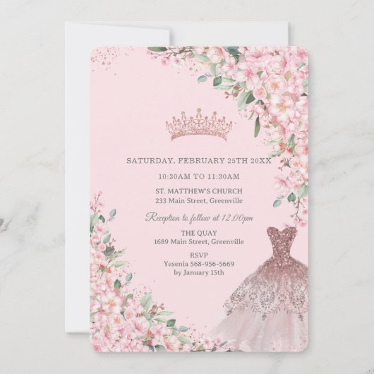 Cheroms Blütenblütenblüte Rose Goldkleid Quinceañe Einladung (Rückseite)