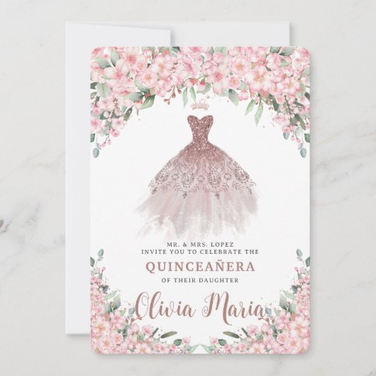 Cheroms Blütenblütenblüte Rose Goldkleid Quinceañe Einladung (Vorderseite)