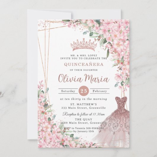 Cheroms Rose Gold Dress Gown Quinceañera Einladung (Vorderseite)