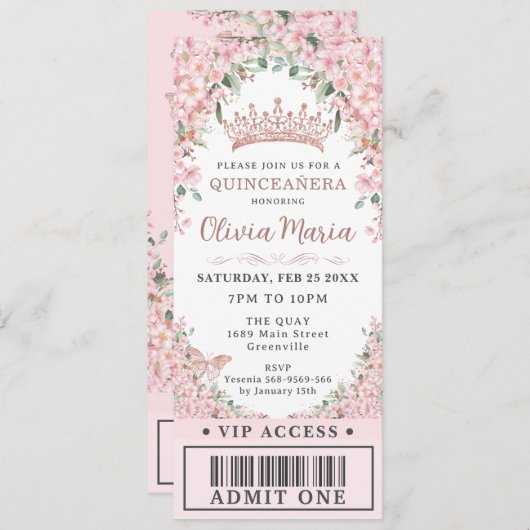 Cheroms Rose Gold Quinceñera VIP Ticket Einladung (Vorne/Hinten)