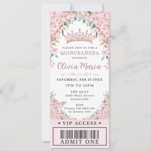 Cheroms Rose Gold Quinceñera VIP Ticket Einladung (Vorderseite)