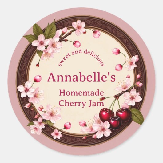 Cherries and Cherry Blossom Jam Label personalisie Runder Aufkleber (Vorderseite)