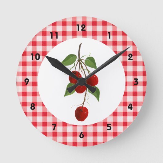 Cherries And Gingham Wall Clock Runde Wanduhr (Vorderseite)