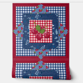 Cherries Denim und Gingham Karo Hütte Quilt Tapete