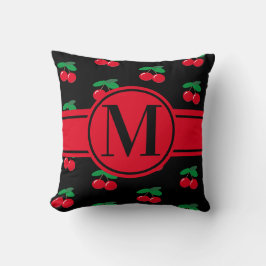 Cherries Frucht rotes Muster Monogram Black Kissen