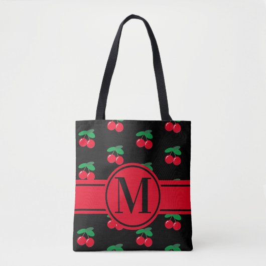Cherries Frucht rotes Muster Monogram Black Tasche (Vorderseite)