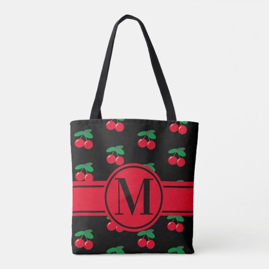Cherries Frucht rotes Muster Monogram Black Tasche (Rückseite)