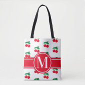 Cherries Fruchtrot Muster Monogram WhiteTote Beute Tasche (Vorderseite)