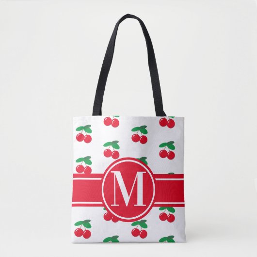 Cherries Fruchtrot Muster Monogram WhiteTote Beute Tasche (Vorderseite)