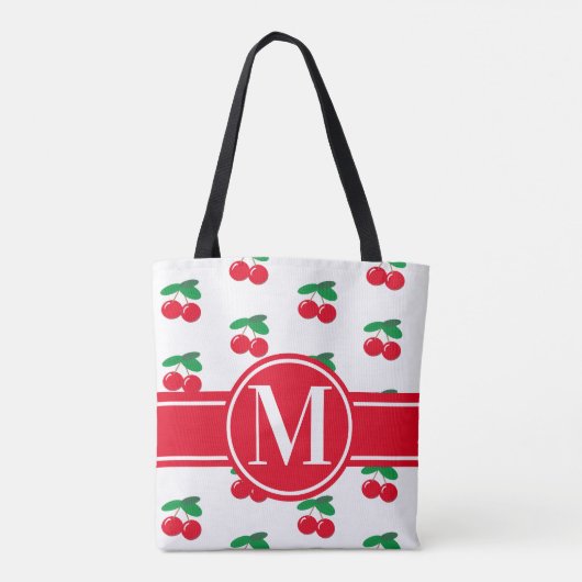 Cherries Fruchtrot Muster Monogram WhiteTote Beute Tasche (Rückseite)