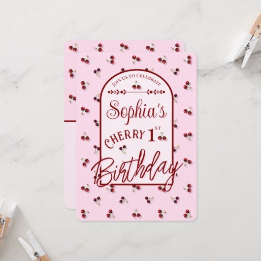 Cherries Thema Erster Geburtstag Einladung (Vorderseite/Rückseite Beispiel)