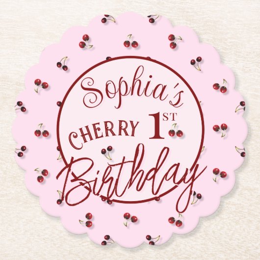 Cherries Theme First Birthday Paper Untersetzer (Vorderseite)