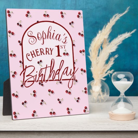 Cherries Theme First Birthday Tabletop Schilder Pl Fotoplatte (Seite)