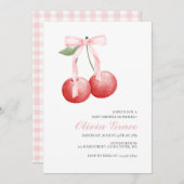 Cherry and Pink Gingham Preppy baby Dusche Einladung (Vorne/Hinten)