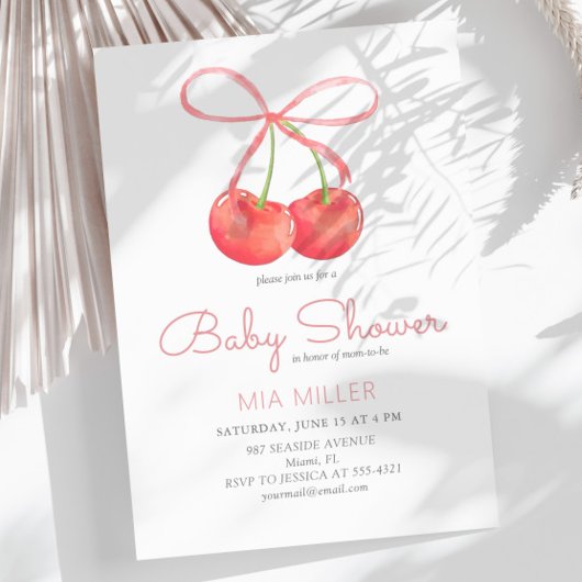 Cherry and Pink Ribbon Watercolor Girl Baby Dusche Einladung