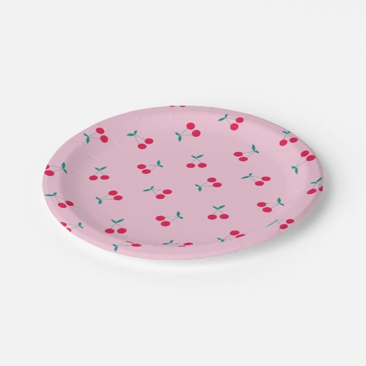 Cherry Ästhetische Kirschen Muster Pink Pappteller (Schrägansicht)