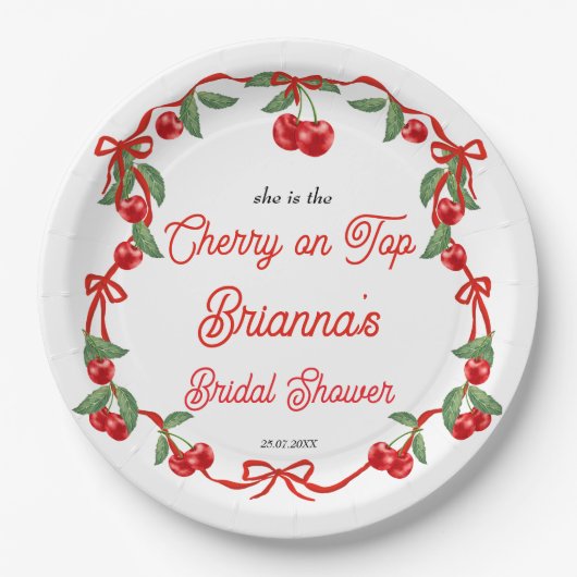 Cherry auf dem oberen Bändchen-Coquette-Brautparty Pappteller (Vorderseite)
