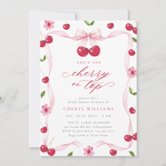 Cherry auf dem rosafarbenen Brautparty Einladung (Vorderseite)