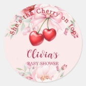 Cherry auf den oberen rosa Bugfloralen Babydusche Runder Aufkleber (Vorderseite)