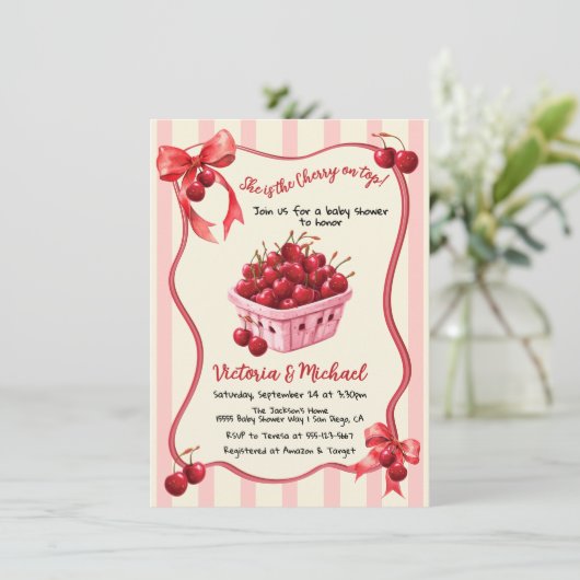 Cherry auf der Bow Baby Dusche Einladung (Stehend Vorderseite)