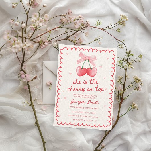 Cherry auf der Coquette Bow Hand gezeichnet Baby-D Einladung