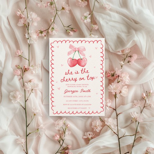 Cherry auf der Coquette Bow Hand gezeichnet Baby-D Einladung