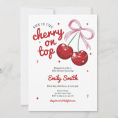 Cherry auf der Coquette Bow Pink Girl Baby Dusche Einladung (Vorderseite)