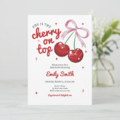 Cherry auf der Coquette Bow Pink Girl Baby Dusche Einladung (Stehend Vorderseite)