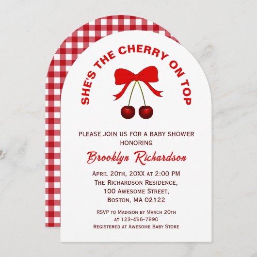 Cherry auf der oberen Red Coquette Bow Girl Baby D Einladung (Vorne/Hinten)
